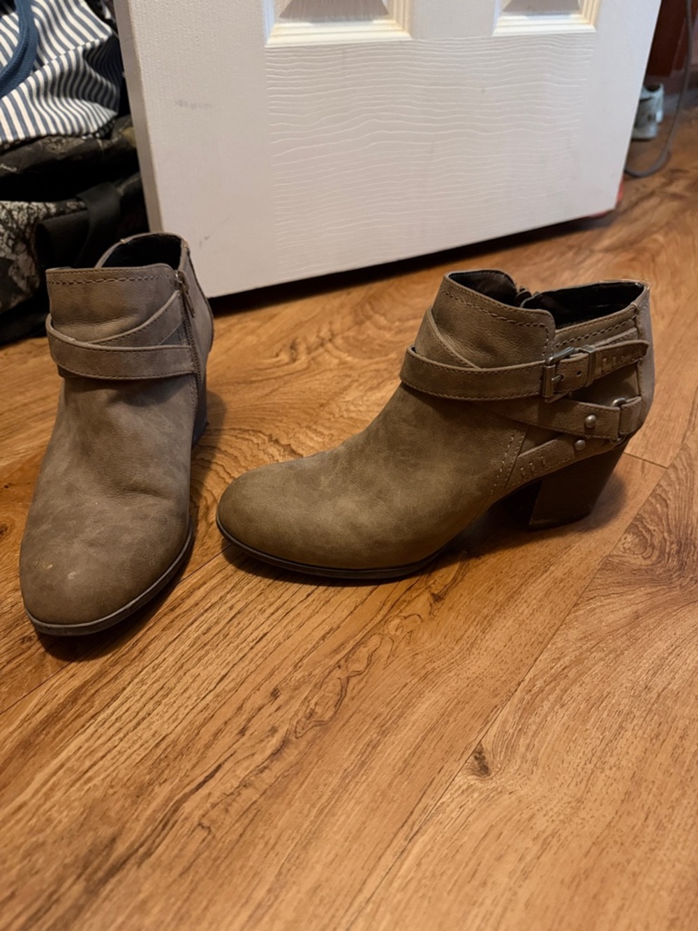 Women's Suede Ankle Bootie in Taupe with Buckle Detail